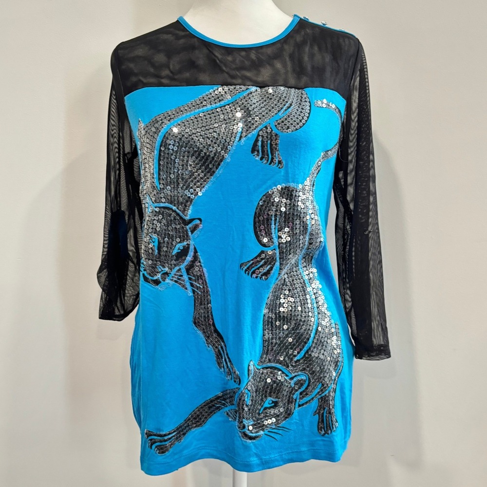 Sharif Couture Womens Top Medium Sequin Panther Mesh Sleeve Y2K Cybercore‎ 20135
